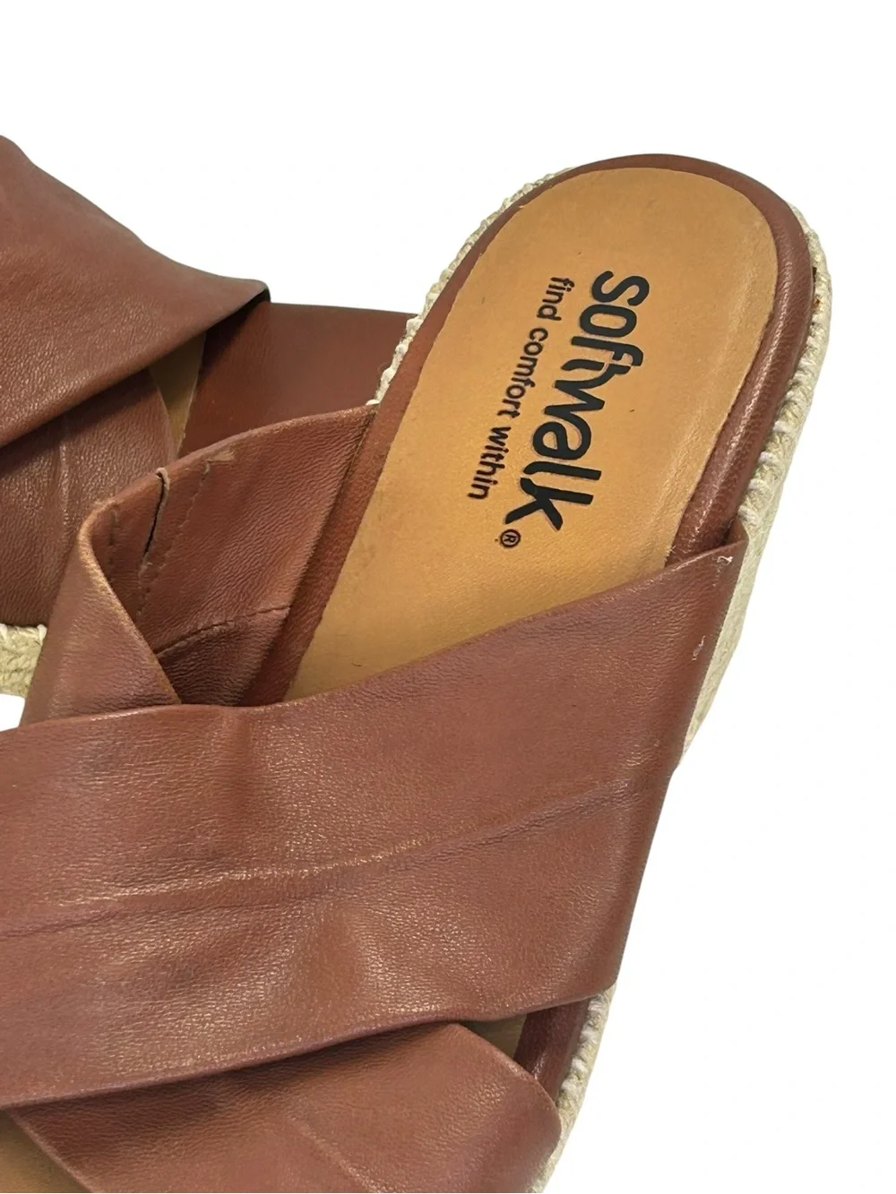 Softwalk Hastings Wedge Espadrilles brown leather cross cross size 8